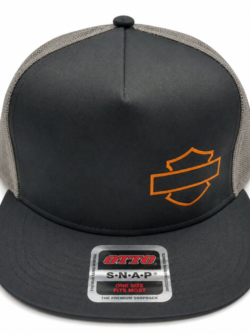 Harley‑Davidson Flat Bill Trucker Mesh Snapback – Black–Embroidered Shield Patch